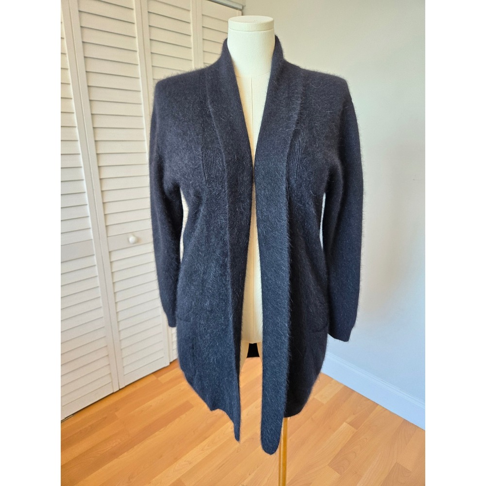 Rafaella Black Angora Lambswool Blend Open Front Cardigan Sweater M Minimalist